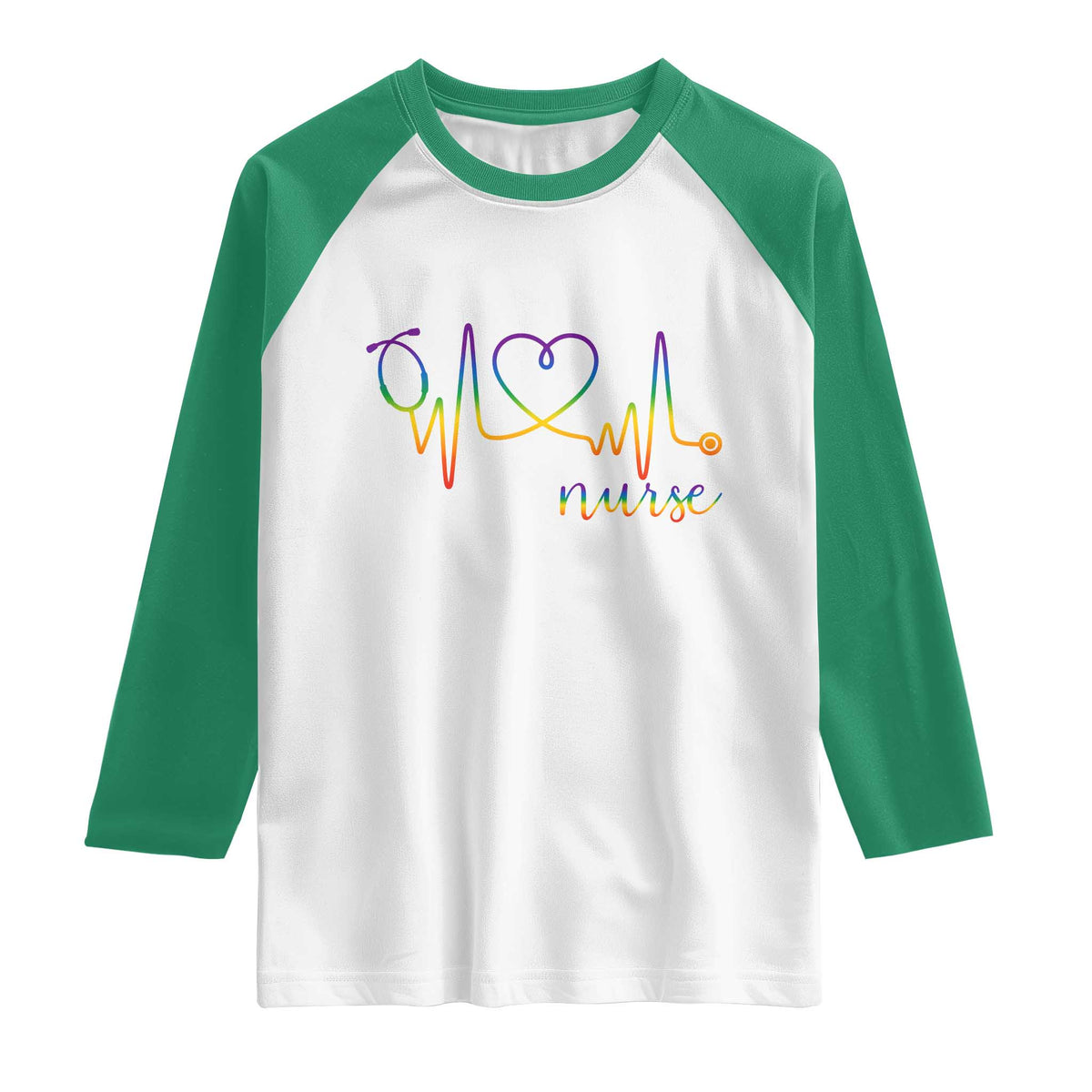 Nurse Heartbeat Rainbow Heart LGBTQ Pride Raglan Shirt Medical Professional Support TS12 White Kelly Green Print Your Wear