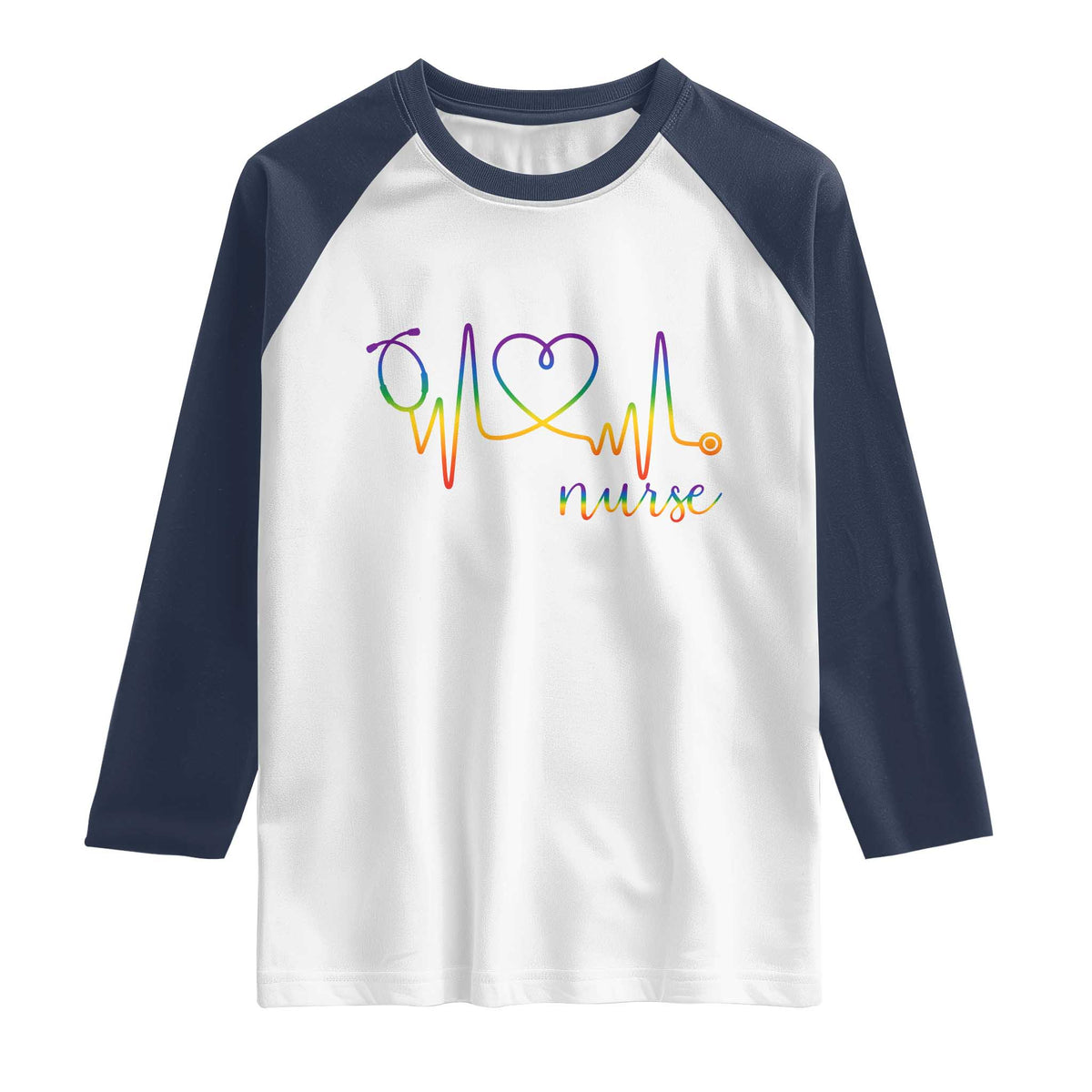 Nurse Heartbeat Rainbow Heart LGBTQ Pride Raglan Shirt Medical Professional Support TS12 White Navy Print Your Wear