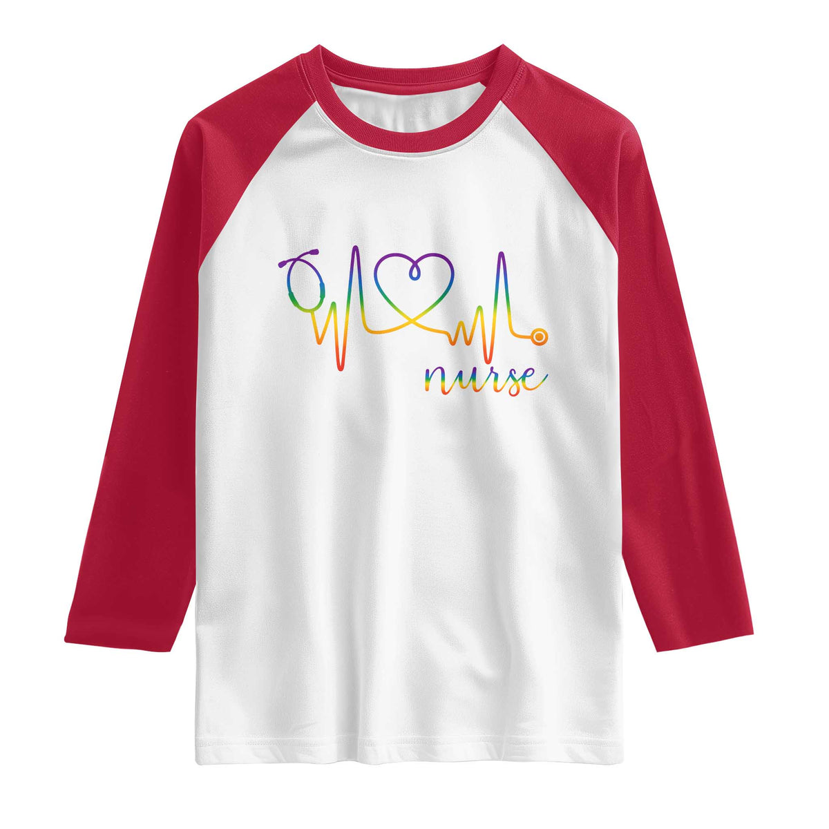 Nurse Heartbeat Rainbow Heart LGBTQ Pride Raglan Shirt Medical Professional Support TS12 White Red Print Your Wear