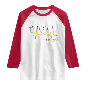 Nurse Heartbeat Rainbow Heart LGBTQ Pride Raglan Shirt Medical Professional Support TS12 White Red Print Your Wear