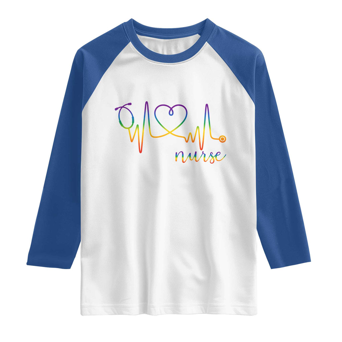 Nurse Heartbeat Rainbow Heart LGBTQ Pride Raglan Shirt Medical Professional Support TS12 White Royal Print Your Wear
