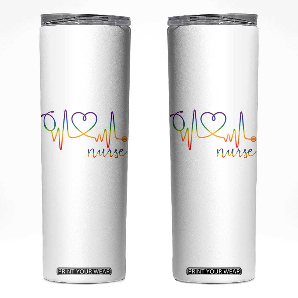 Nurse Heartbeat Rainbow Heart LGBTQ Pride Skinny Tumbler Medical Professional Support TS12 White Print Your Wear