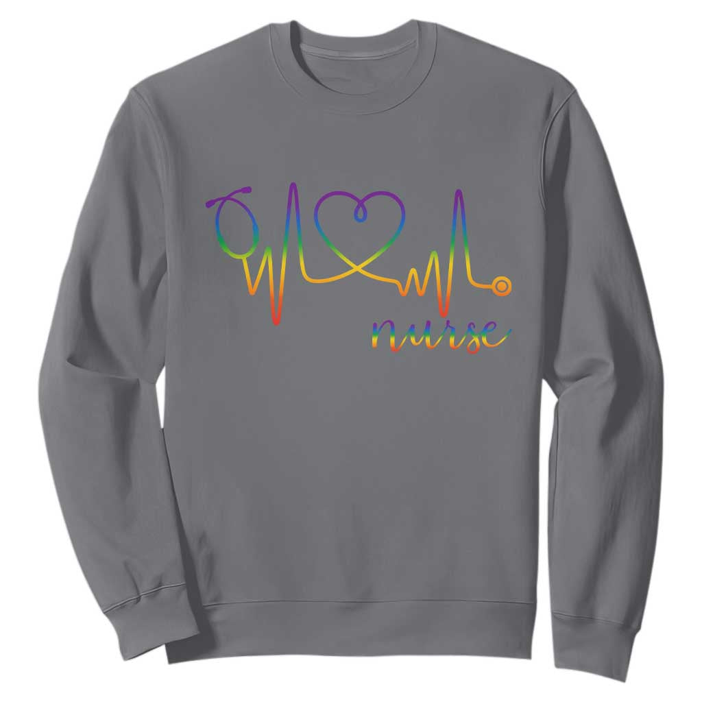 Nurse Heartbeat Rainbow Heart LGBTQ Pride Sweatshirt Medical Professional Support TS12 Charcoal Print Your Wear