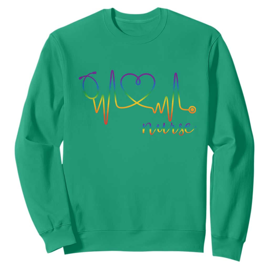 Nurse Heartbeat Rainbow Heart LGBTQ Pride Sweatshirt Medical Professional Support TS12 Irish Green Print Your Wear