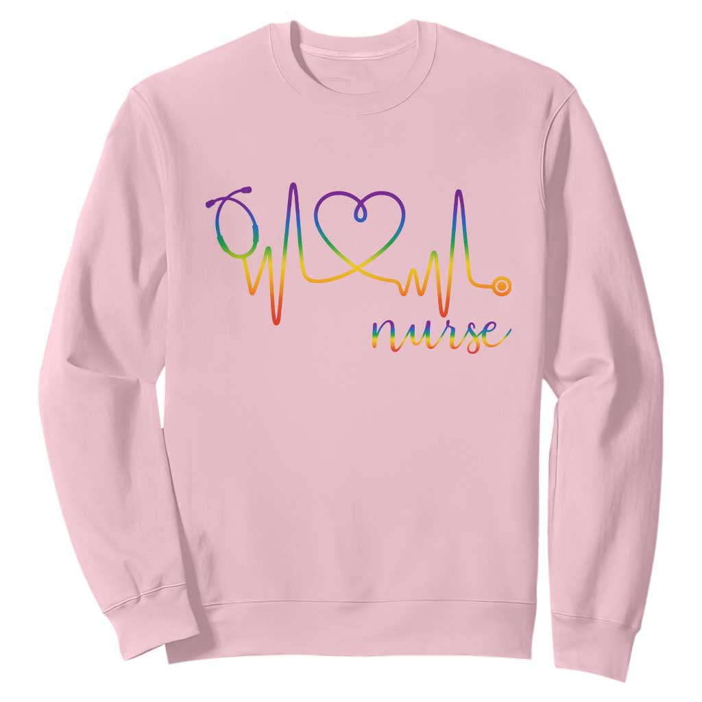Nurse Heartbeat Rainbow Heart LGBTQ Pride Sweatshirt Medical Professional Support TS12 Light Pink Print Your Wear