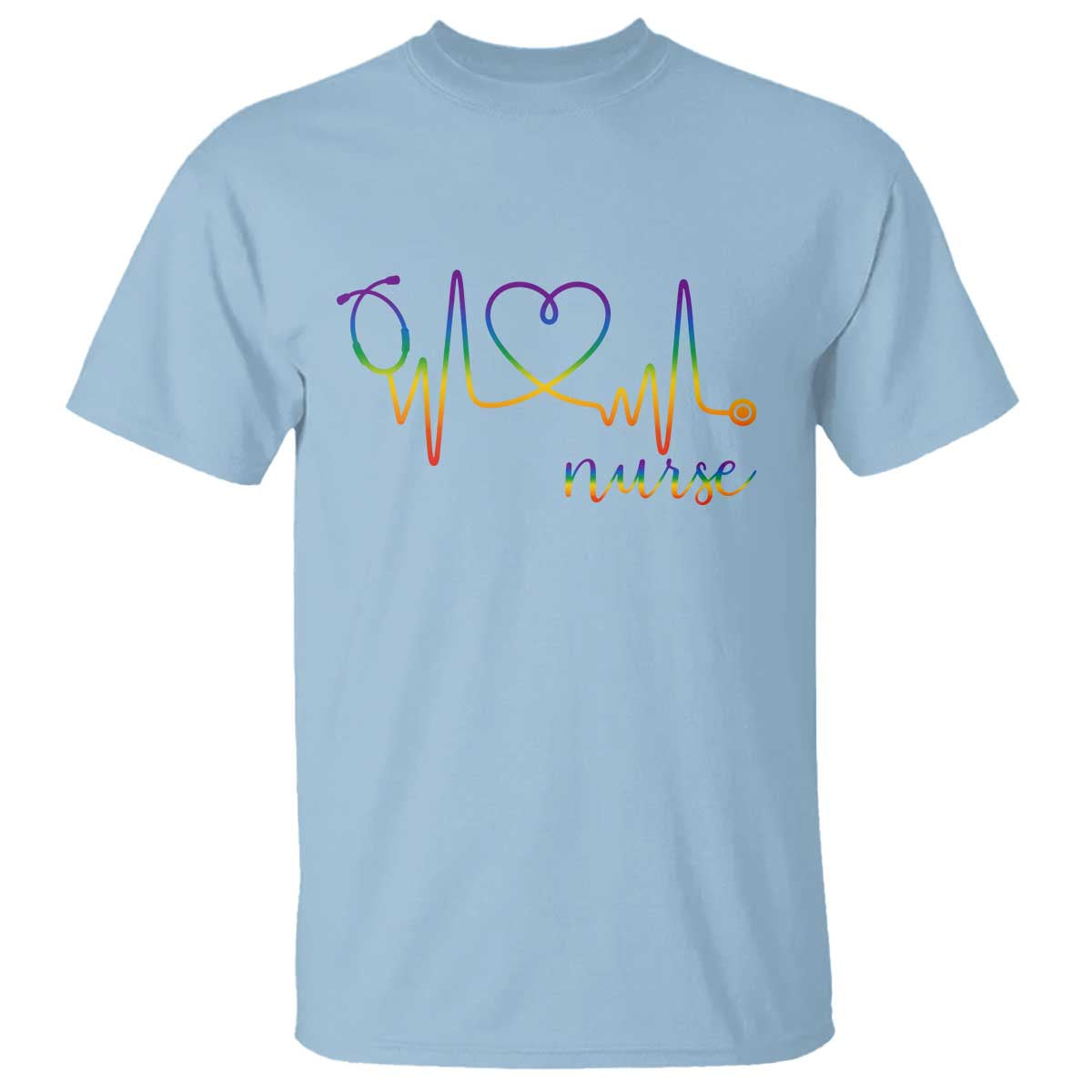 Nurse Heartbeat Rainbow Heart LGBTQ Pride T Shirt Medical Professional Support TS12 Light Blue Print Your Wear