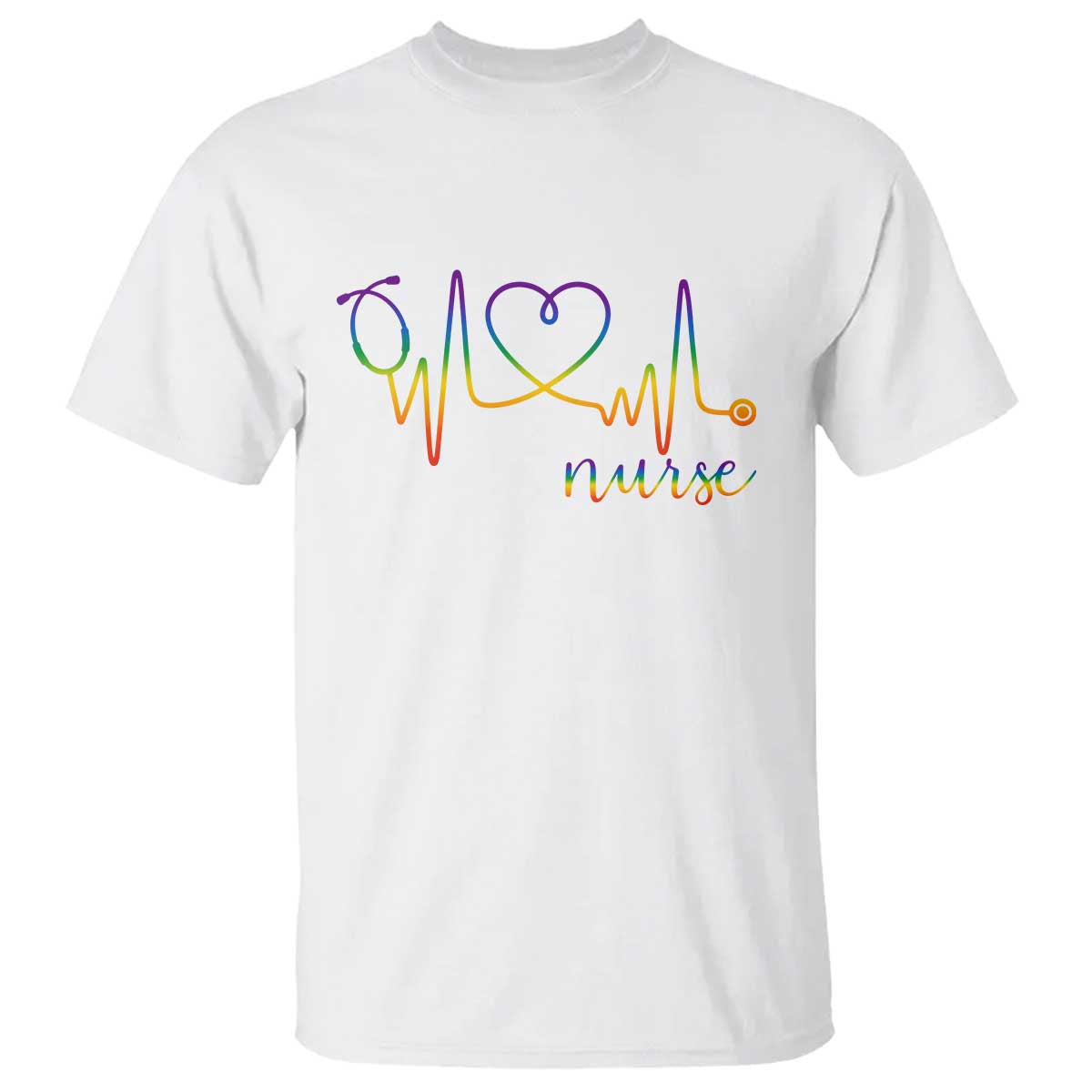 Nurse Heartbeat Rainbow Heart LGBTQ Pride T Shirt Medical Professional Support TS12 White Print Your Wear
