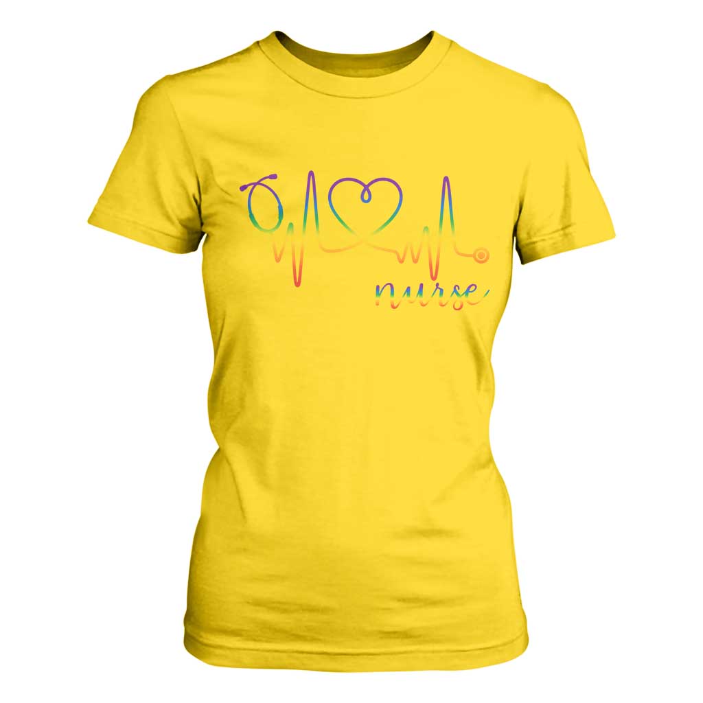 Nurse Heartbeat Rainbow Heart LGBTQ Pride T Shirt For Women Medical Professional Support