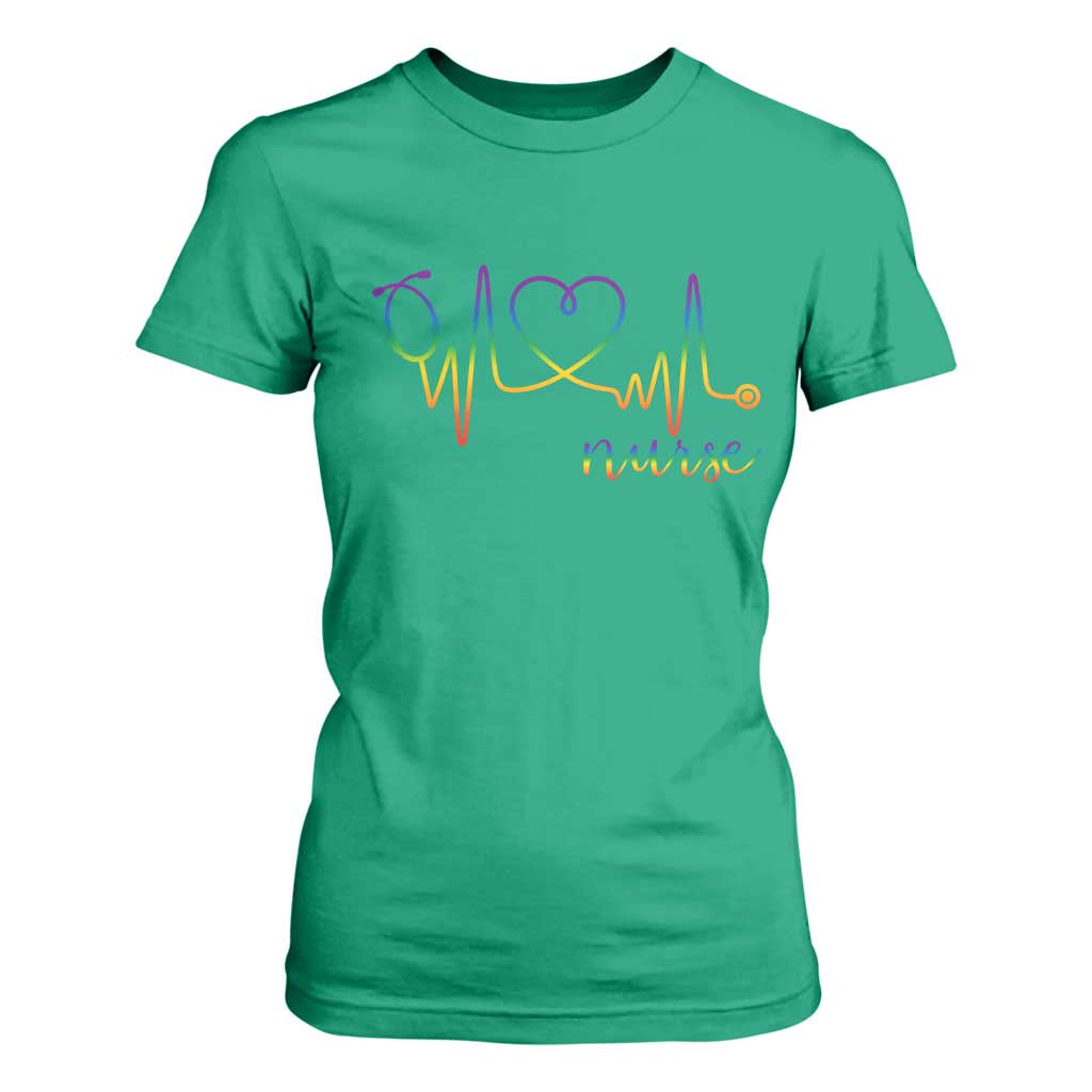 Nurse Heartbeat Rainbow Heart LGBTQ Pride T Shirt For Women Medical Professional Support