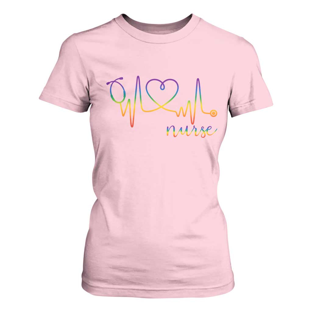 Nurse Heartbeat Rainbow Heart LGBTQ Pride T Shirt For Women Medical Professional Support
