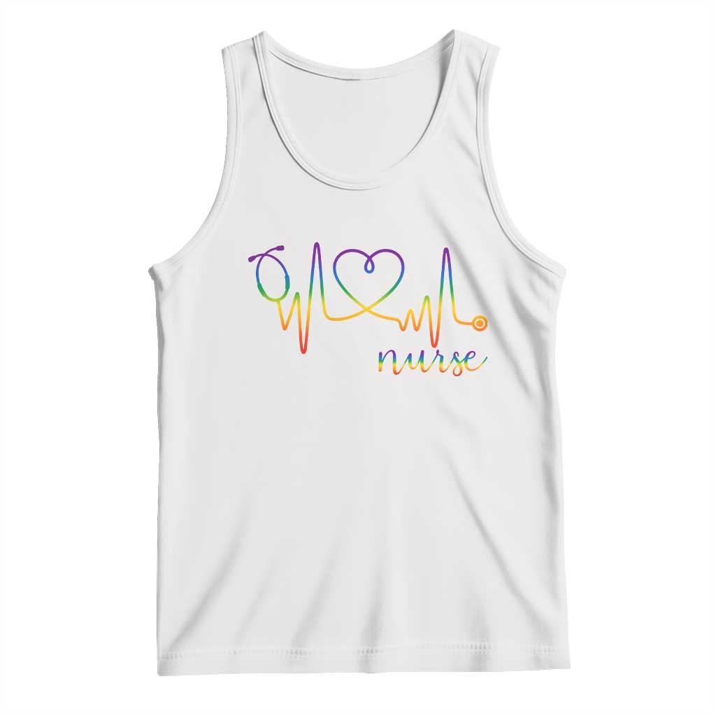 Nurse Heartbeat Rainbow Heart LGBTQ Pride Tank Top Medical Professional Support TS12 White Print Your Wear