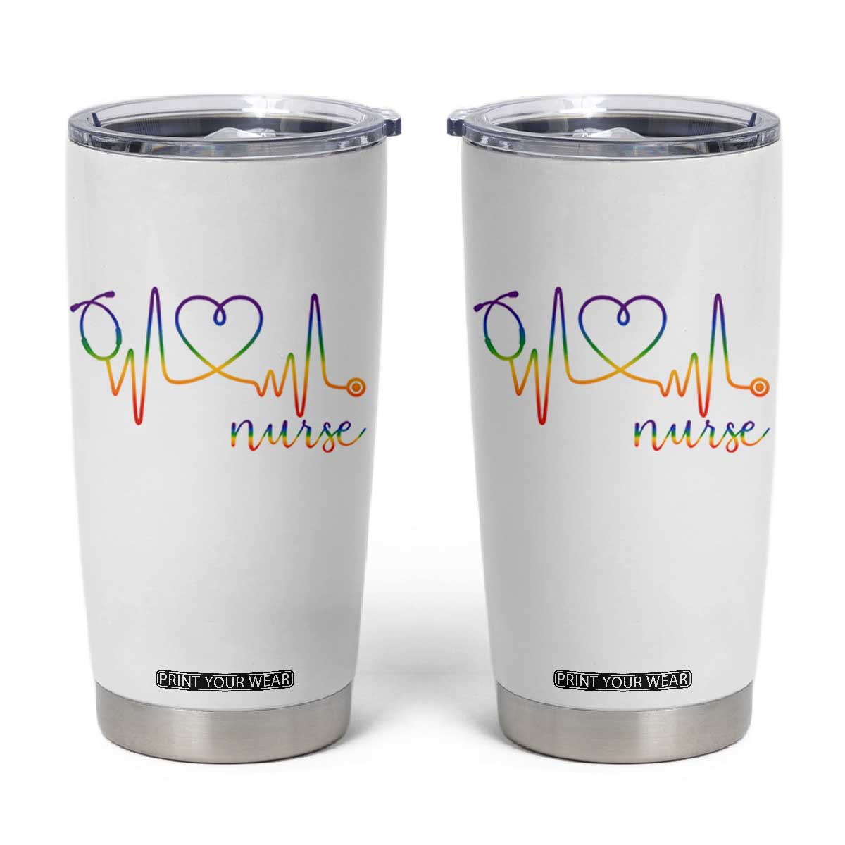 Nurse Heartbeat Rainbow Heart LGBTQ Pride Tumbler Cup Medical Professional Support TS12 White Print Your Wear