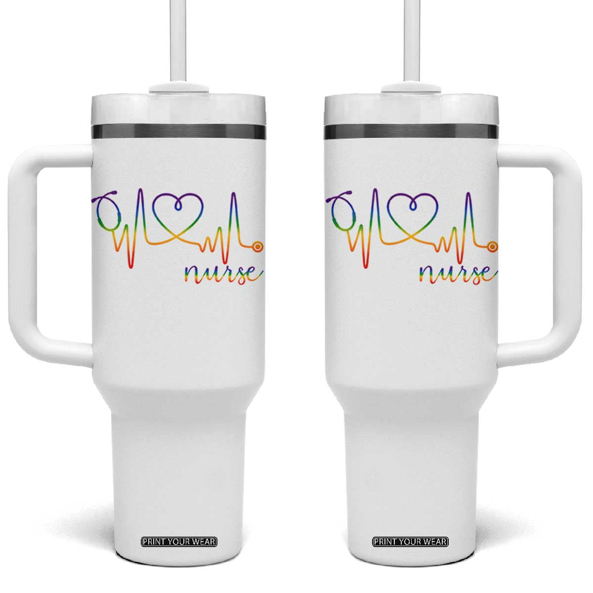 Nurse Heartbeat Rainbow Heart LGBTQ Pride Tumbler With Handle Medical Professional Support TS12 One Size: 40 oz White Print Your Wear