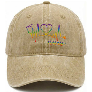 Nurse Heartbeat Rainbow Heart LGBTQ Pride Washed Cotton Baseball Cap Medical Professional Support