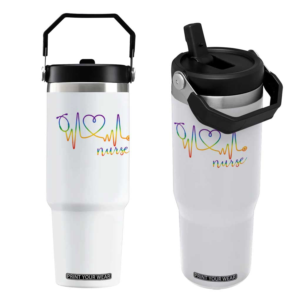 Nurse Heartbeat Rainbow Heart LGBTQ Pride Flip Straw Tumbler Medical Professional Support TS12 One Size: 30 oz White Print Your Wear