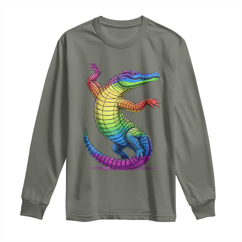 Funny Rainbow Gator LGBTQ Pride Support Long Sleeve Shirt TS12 Military Green Print Your Wear