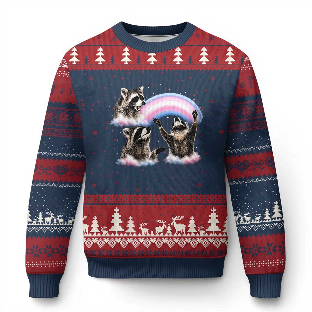 Howling Raccoon LGBTQ Pride Ugly Christmas Sweater Rainbow Trash Panda Support