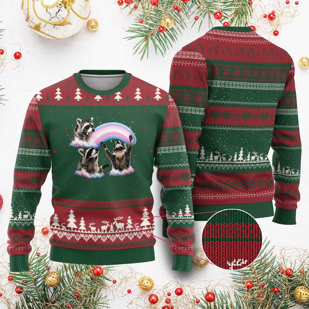 Howling Raccoon LGBTQ Pride Ugly Christmas Sweater Rainbow Trash Panda Support