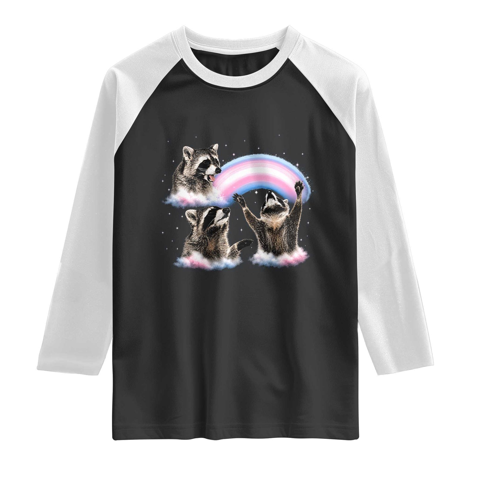 Howling Raccoon LGBTQ Pride Raglan Shirt Rainbow Trash Panda Support TS12 Black White Print Your Wear