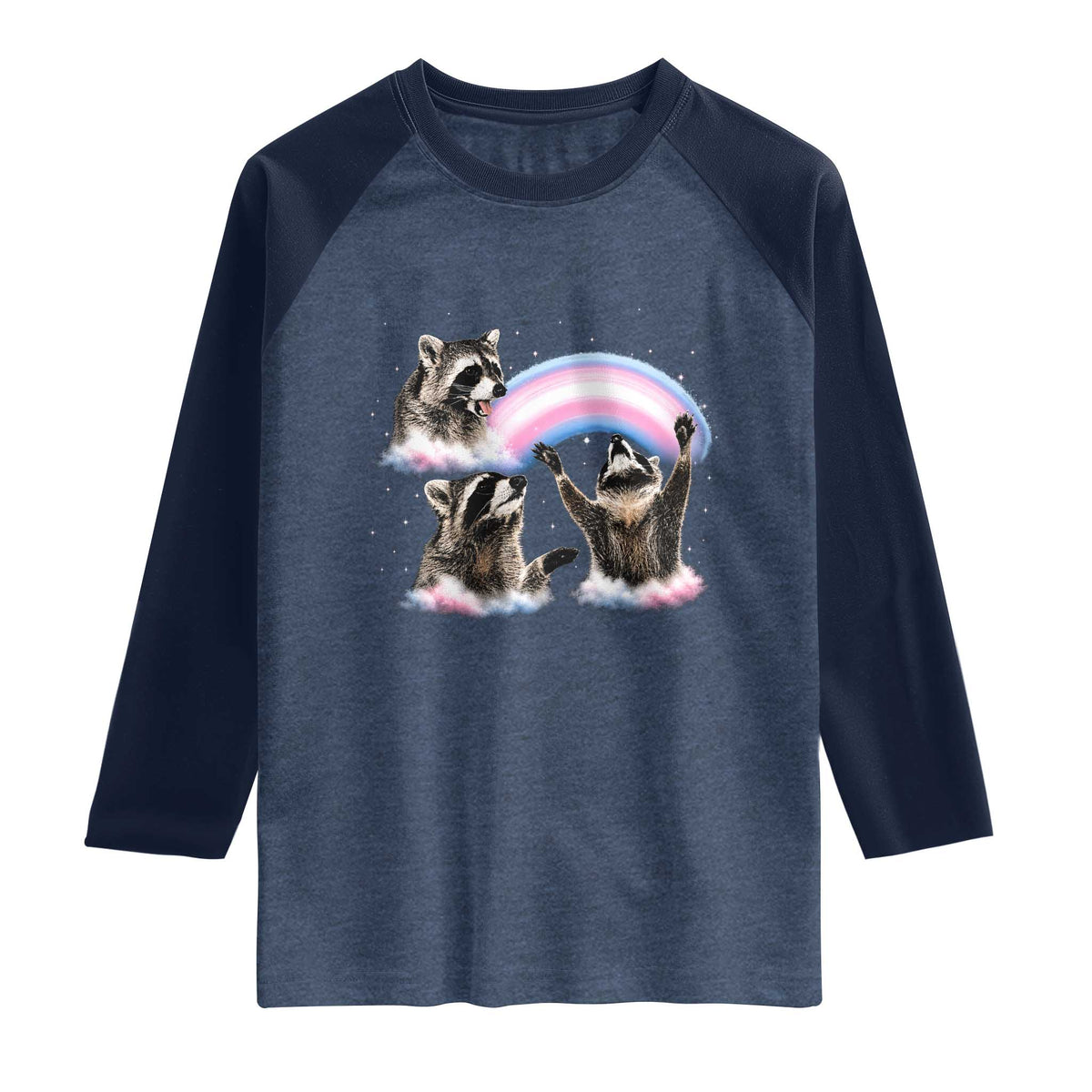 Howling Raccoon LGBTQ Pride Raglan Shirt Rainbow Trash Panda Support TS12 Heather Denim Navy Print Your Wear