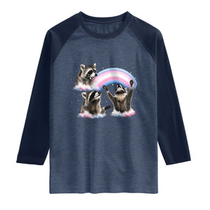 Howling Raccoon LGBTQ Pride Raglan Shirt Rainbow Trash Panda Support TS12 Heather Denim Navy Print Your Wear