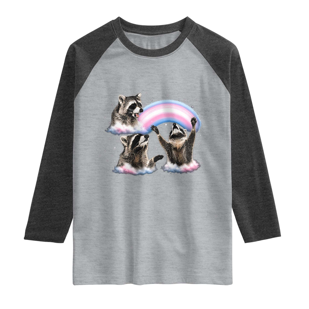 Howling Raccoon LGBTQ Pride Raglan Shirt Rainbow Trash Panda Support TS12 Heather Gray Heather Charcoal Print Your Wear