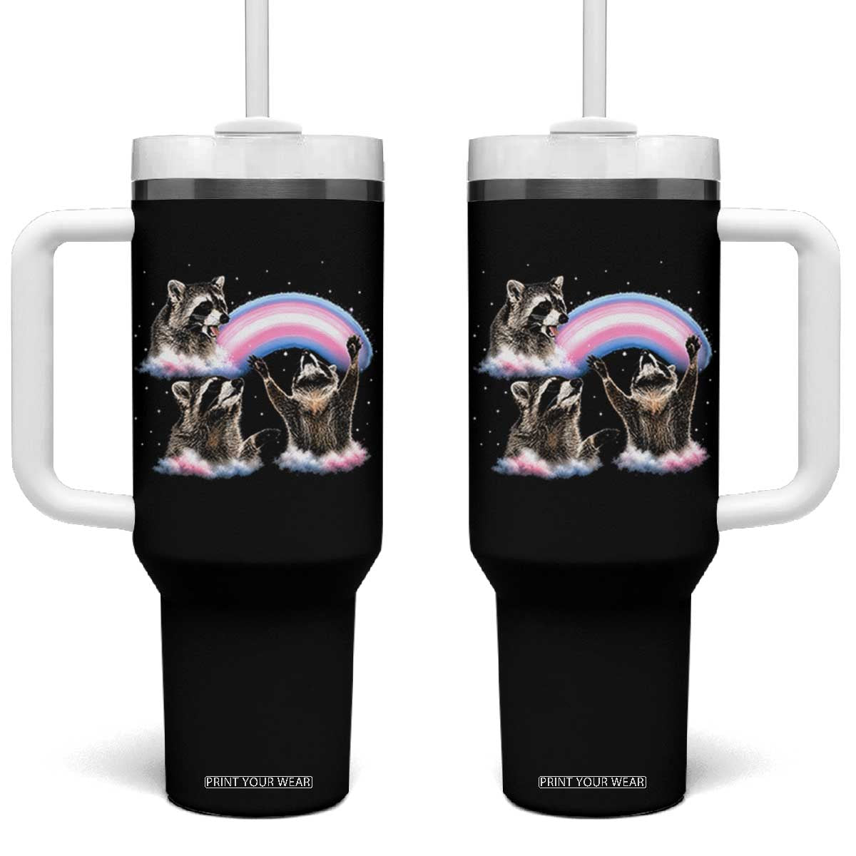 Howling Raccoon LGBTQ Pride Tumbler With Handle Rainbow Trash Panda Support