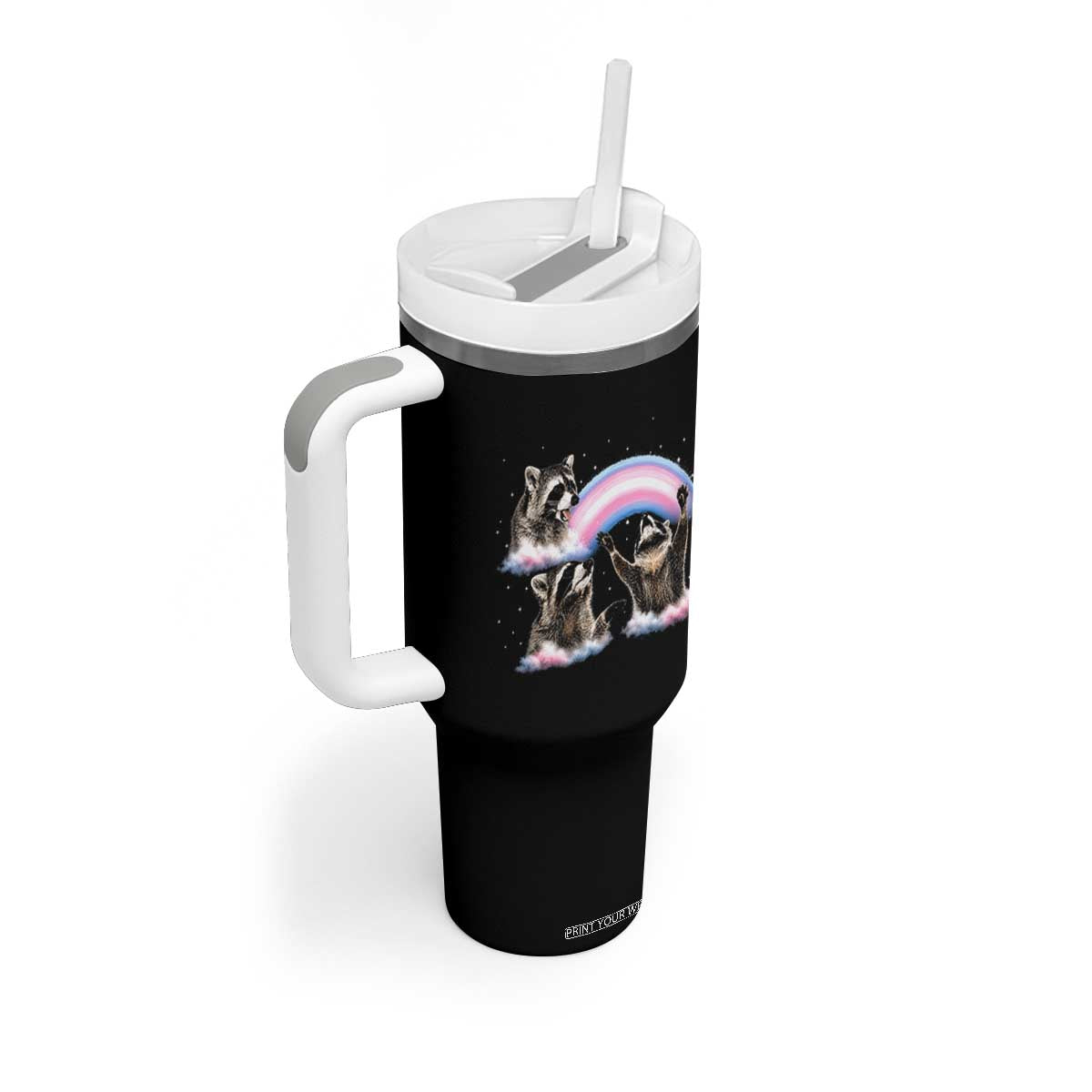 Howling Raccoon LGBTQ Pride Tumbler With Handle Rainbow Trash Panda Support