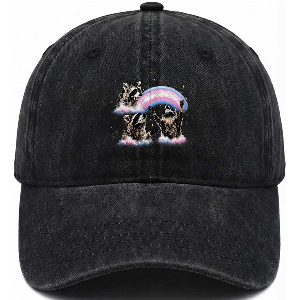 Howling Raccoon LGBTQ Pride Washed Cotton Baseball Cap Rainbow Trash Panda Support