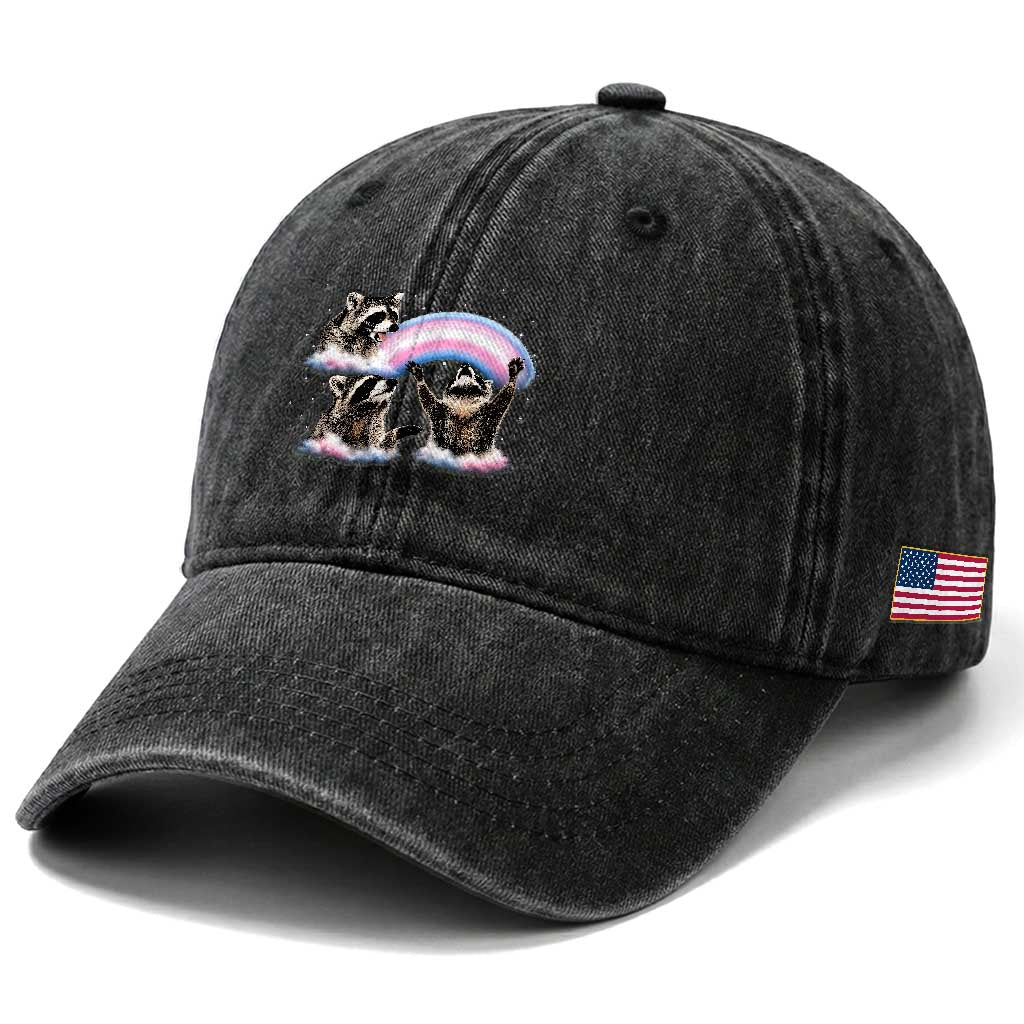 Howling Raccoon LGBTQ Pride Washed Cotton Baseball Cap Rainbow Trash Panda Support