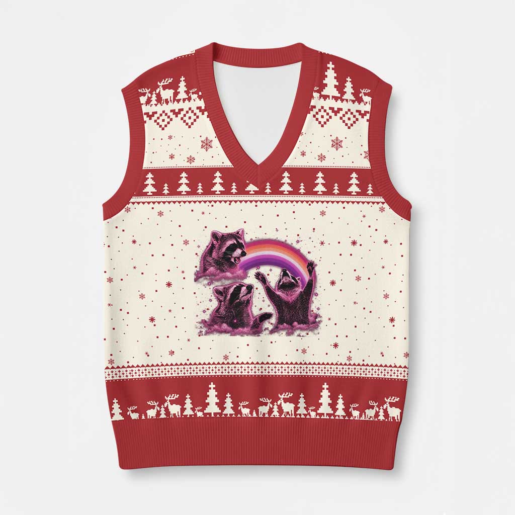Funny Pink Raccoon Live Laugh V-Neck Knit Sweater Vest Lesbian Pride Month TS12 Beige Red Print Your Wear