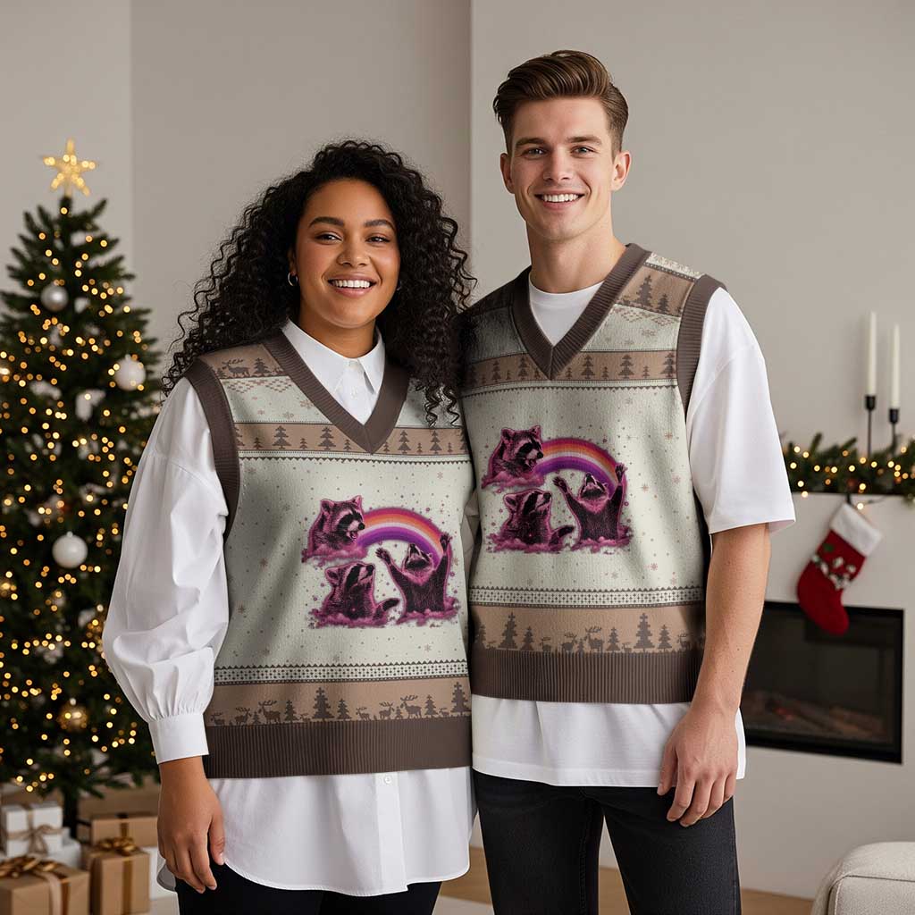 Funny Pink Raccoon Live Laugh V-Neck Knit Sweater Vest Lesbian Pride Month TS12 Mocha Mousse Print Your Wear