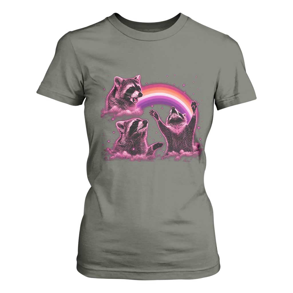 Funny Pink Raccoon Live Laugh T Shirt For Women Lesbian Pride Month TS12 Military Green Print Your Wear