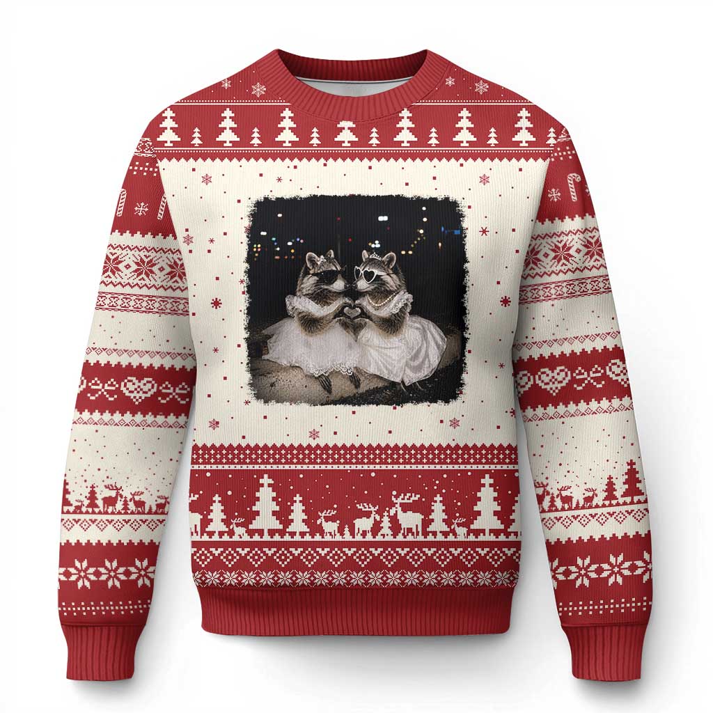 Funny Lesbian Raccoon Engagement Ugly Christmas Sweater LGBTQ Pride Gift