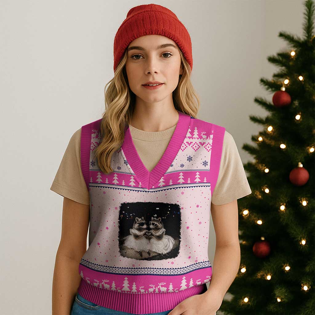 Funny Lesbian Raccoon Engagement V-Neck Knit Sweater Vest LGBTQ Pride Gift