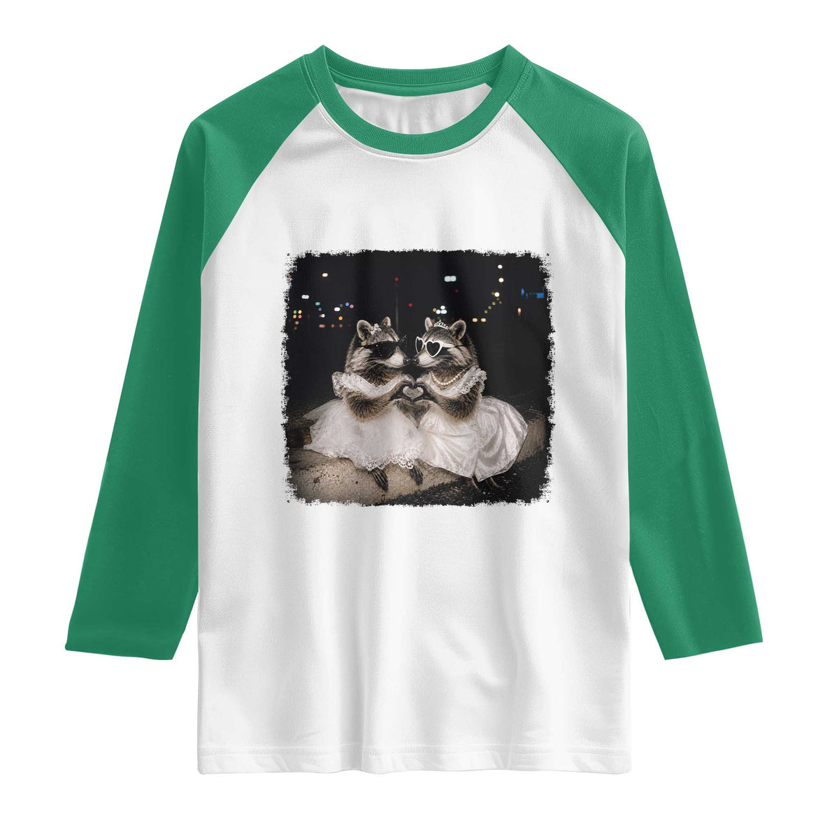 Funny Lesbian Raccoon Engagement Raglan Shirt LGBTQ Pride Gift TS12 White Kelly Green Print Your Wear
