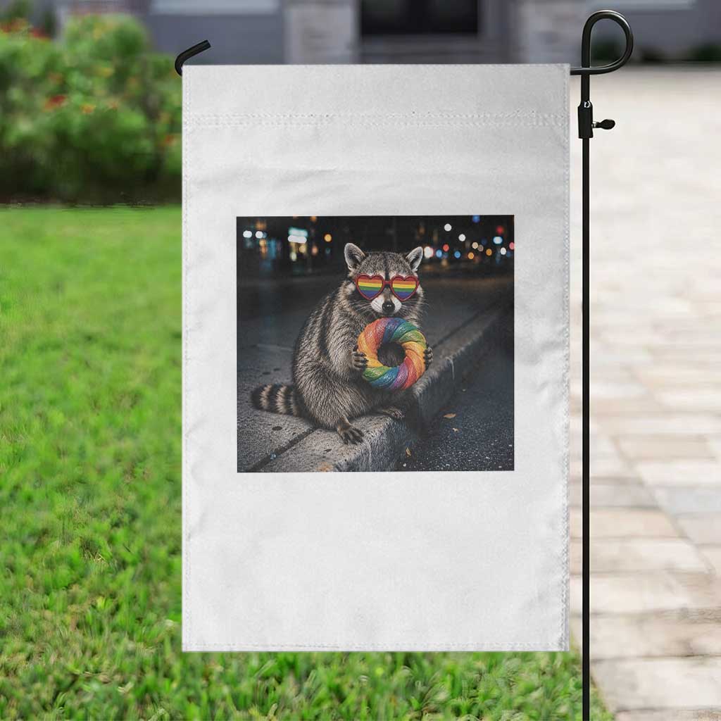 Raccoon Eating Baguette Graphic Garden Flag Humorous Gay Pride Gift
