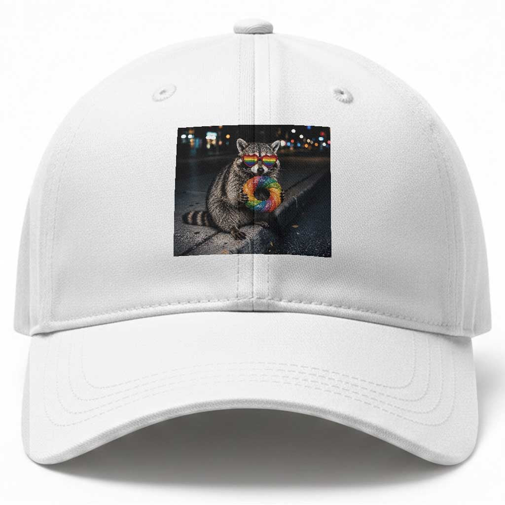 Raccoon Eating Baguette Graphic Baseball Cap Humorous Gay Pride Gift