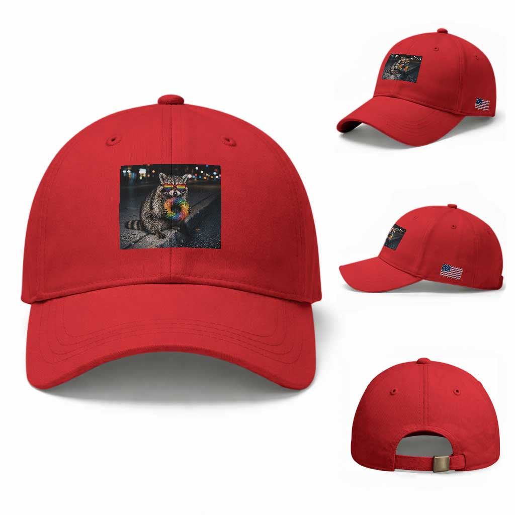 Raccoon Eating Baguette Graphic Baseball Cap Humorous Gay Pride Gift