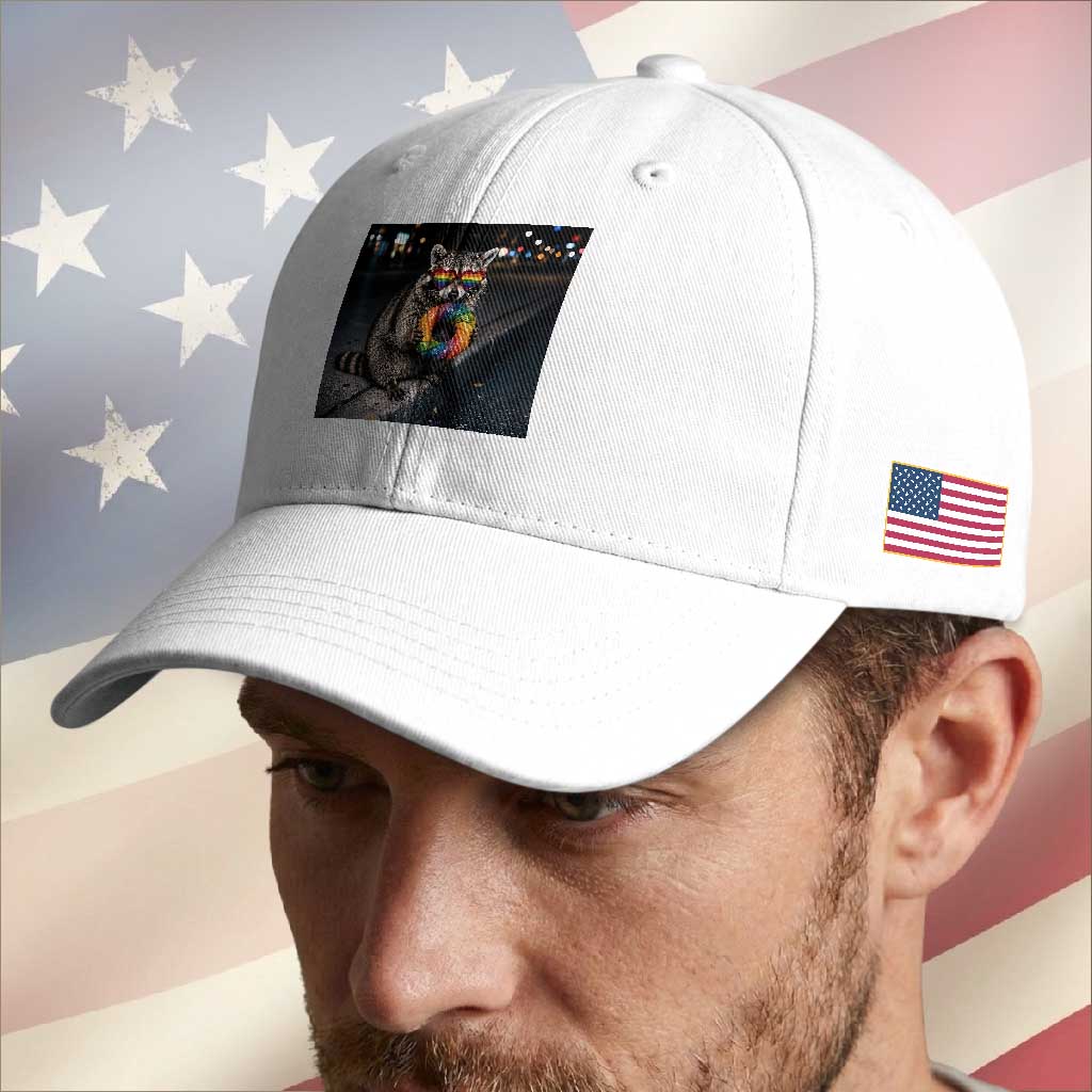 Raccoon Eating Baguette Graphic Baseball Cap Humorous Gay Pride Gift