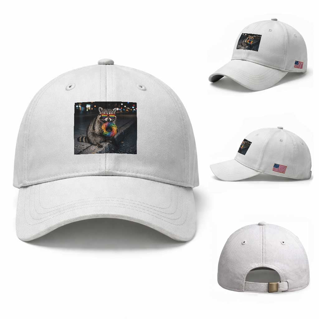 Raccoon Eating Baguette Graphic Baseball Cap Humorous Gay Pride Gift