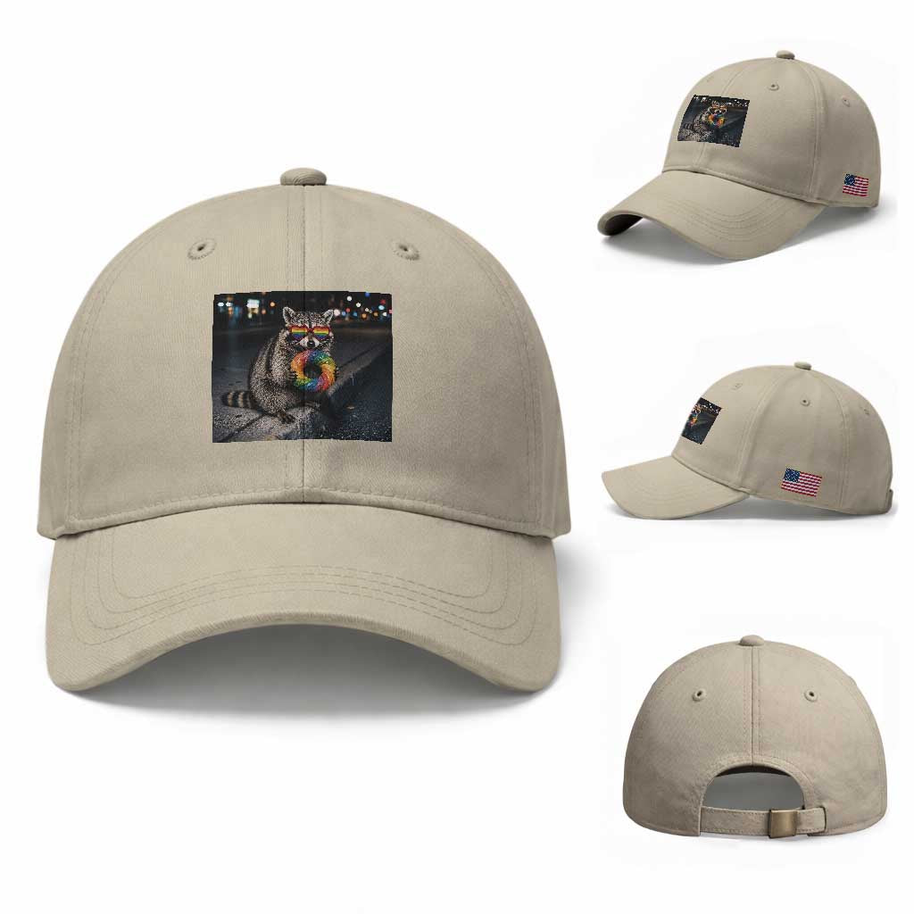 Raccoon Eating Baguette Graphic Baseball Cap Humorous Gay Pride Gift