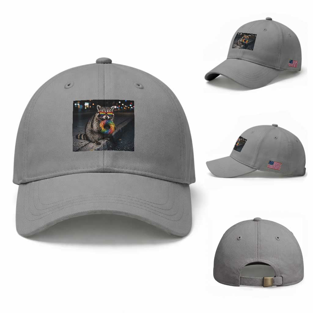Raccoon Eating Baguette Graphic Baseball Cap Humorous Gay Pride Gift