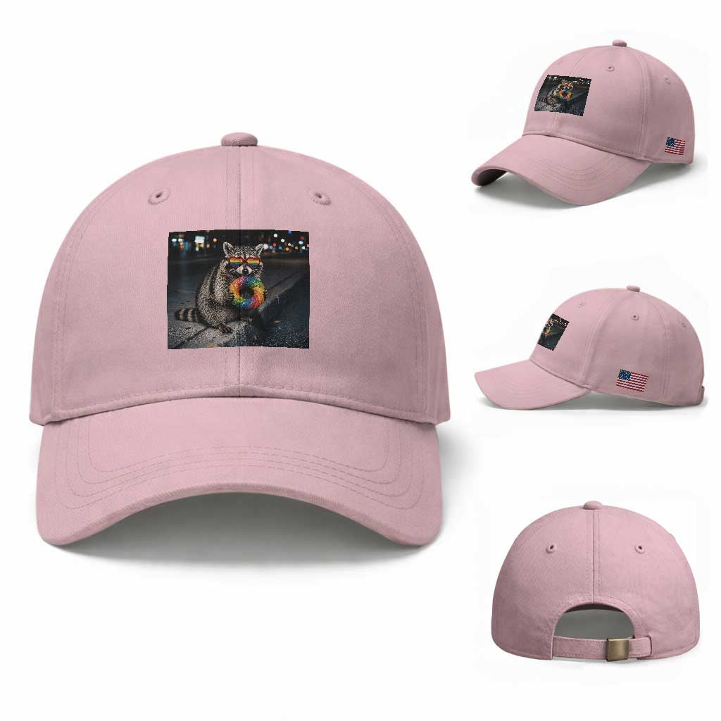 Raccoon Eating Baguette Graphic Baseball Cap Humorous Gay Pride Gift