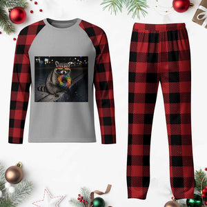 Raccoon Eating Baguette Graphic Plaid Pajama Set Humorous Gay Pride Gift