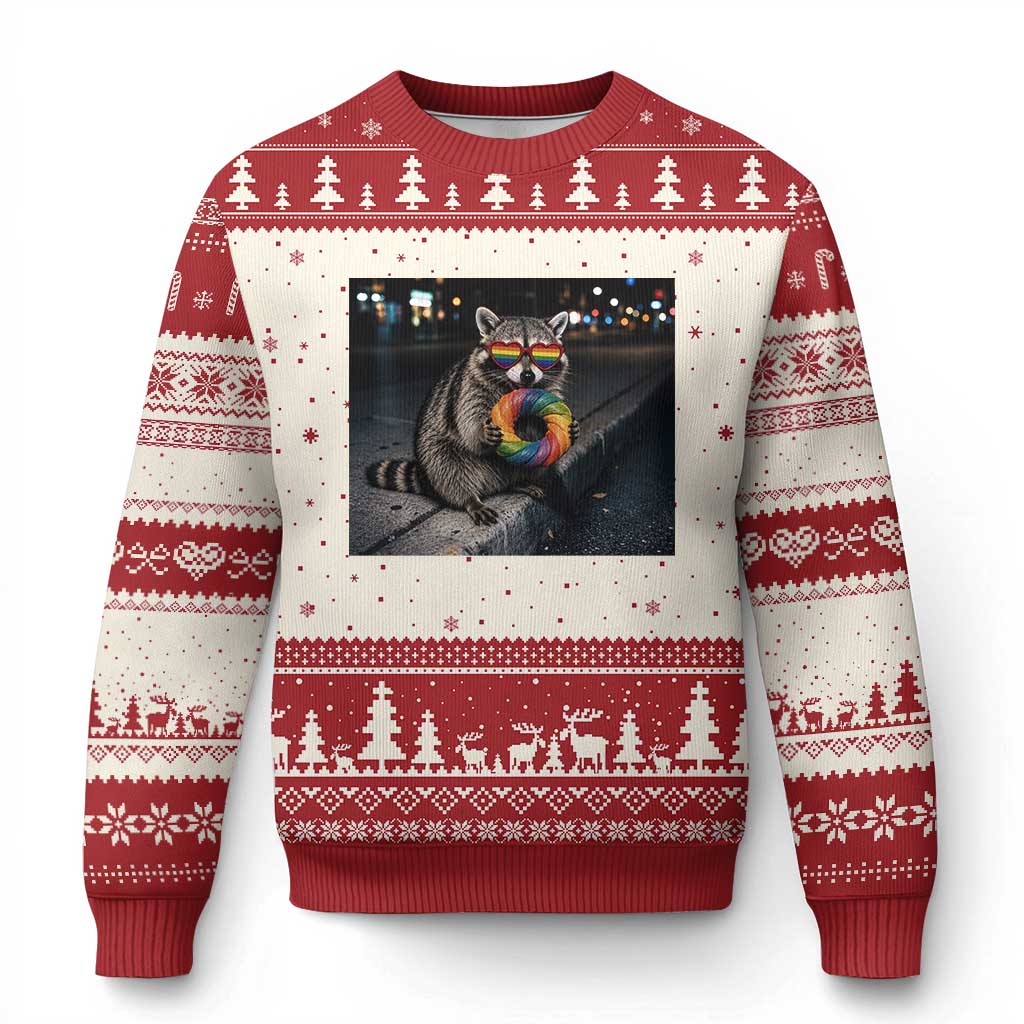Raccoon Eating Baguette Graphic Ugly Christmas Sweater Humorous Gay Pride Gift TS12 Beige Red Print Your Wear