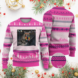 Raccoon Eating Baguette Graphic Ugly Christmas Sweater Humorous Gay Pride Gift TS12 Hot Pink Print Your Wear