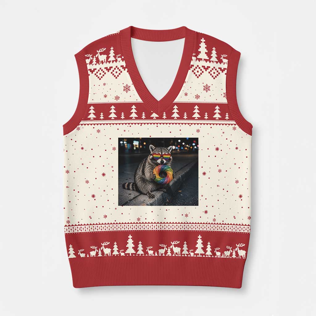 Raccoon Eating Baguette Graphic V-Neck Knit Sweater Vest Humorous Gay Pride Gift