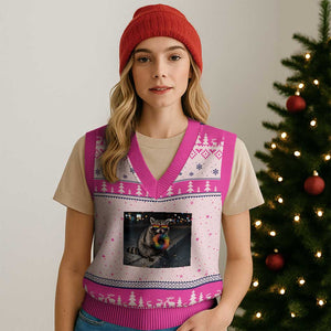 Raccoon Eating Baguette Graphic V-Neck Knit Sweater Vest Humorous Gay Pride Gift