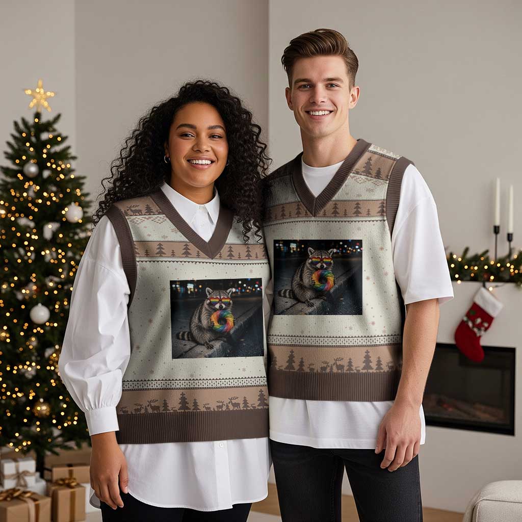 Raccoon Eating Baguette Graphic V-Neck Knit Sweater Vest Humorous Gay Pride Gift